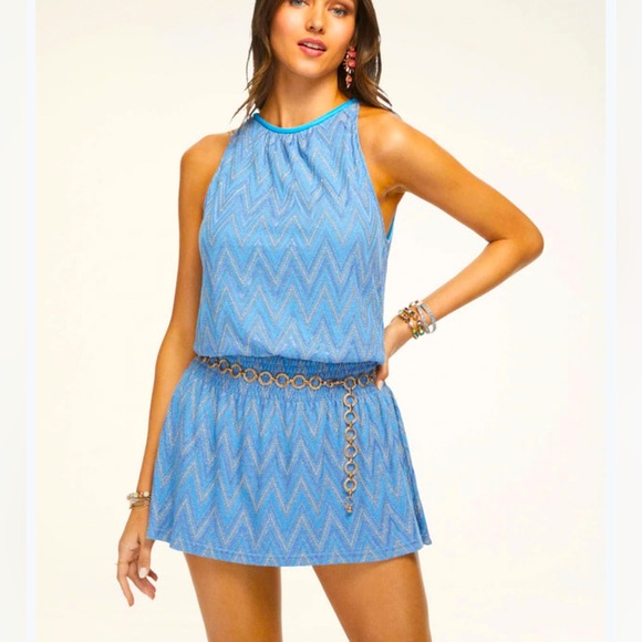 NWT RAMY BROOK Paris Jacquard Metallic Chevron Sleeveless Blue Boho Dress Sz M - Picture 1 of 16